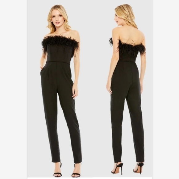 Mac Duggal Pants - Ieena for Mac DuggalBlack Strapless Jumpsuit with Feather Trim 68146 SZ  6 NEW